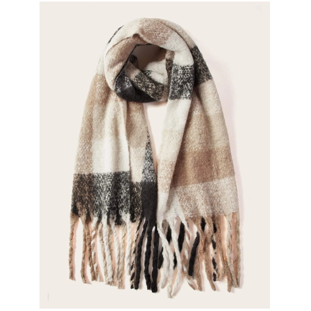 Colorblock Plaid Knit Pastel Colors Wide Scarf Beige Tan Cream Brown - Picture 3 of 8